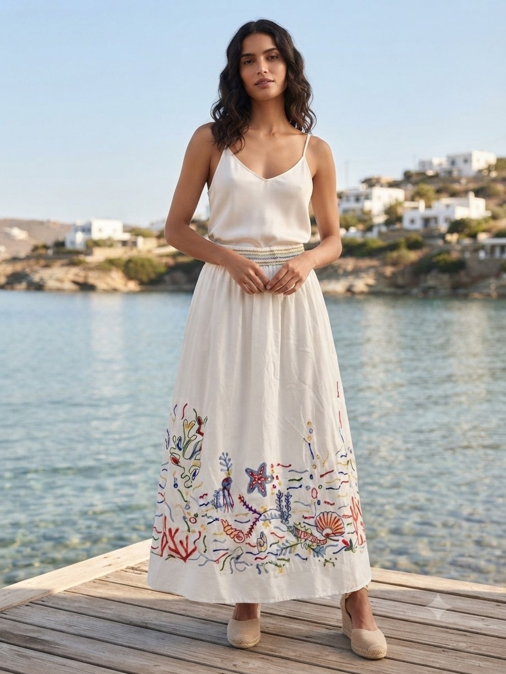 Women's Cream Embroidered Maxi Skirt